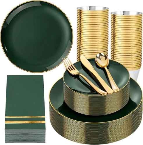 Miniatura 14 de NOCCUR 700 platos de plástico dorados, juego de vajilla desechable dorada para 100 personas, incluye 200 platos de cena/postre, 300 cubiertos, 100