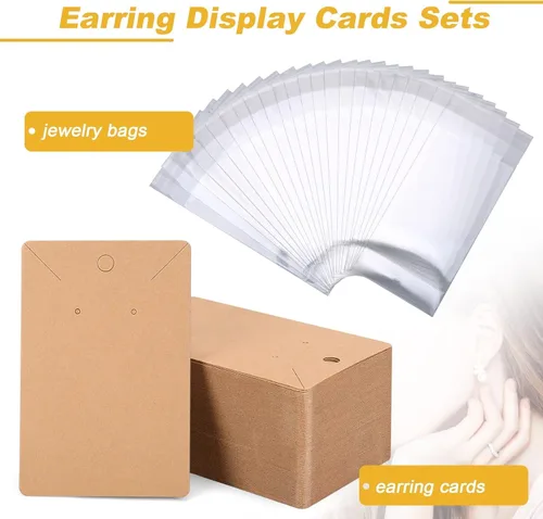 Miniatura 2 de ovsor 150 tarjetas de exhibición de aretes, tarjetas de collar para vender con 150 bolsas de embalaje duraderas, tarjetas de joyería resistentes