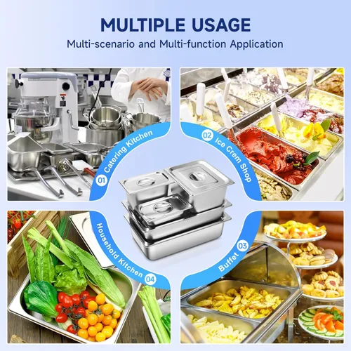 Miniatura 8 de Sartén de hotel con tapas de medio tamaño de 6.35 cm de profundidad, platos calentadores de acero inoxidable para buffet, sartén de mesa de vapor