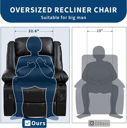 Miniatura 5 de Silla reclinable mecedora para adultos, giratoria de 360°, con portavasos y asiento profundo tapizado, de piel sintética, cómodo sofá individual