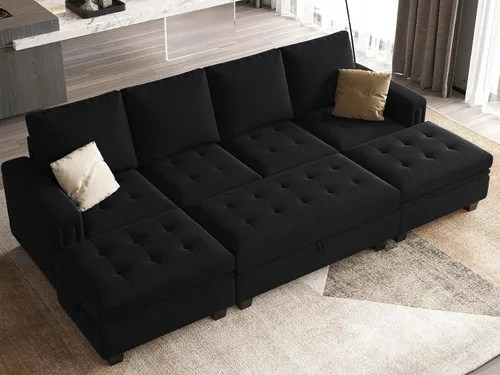 Miniatura 3 de Belffin Sofá cama modular convertible de terciopelo de 4 asientos con diván reversible, sofá cama seccional con almacenamiento otomano seccional