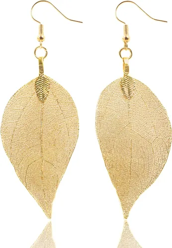 Joyas de hoja de oro rosa y plata para mujer. Pendientes de hoja natural y collares circulares colgantes. Elegantes conjuntos de joyas colgantes.