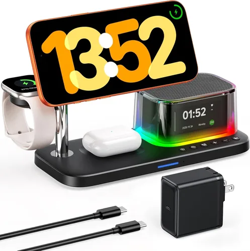 Miniatura 10 de Meifigno Estación de carga 5 en 1 de 25 W para Galaxy S26 Ultra con altavoz Bluetooth, reloj despertador, luz nocturna, cargador inalámbrico