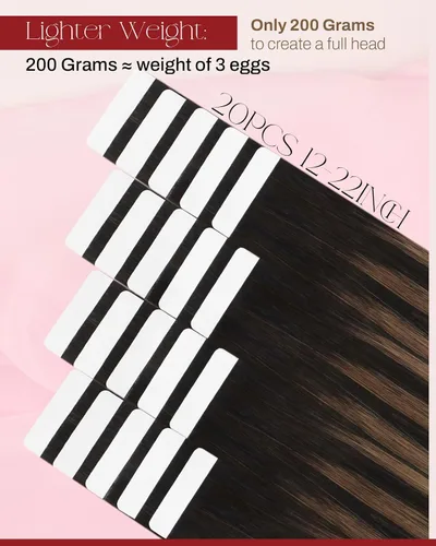 Miniatura 4 de Moresoo Extensiones adhesivas de cabello humano degradado, balayage, mezcla de marrón oscuro con extensiones de color marrón medio, extensiones