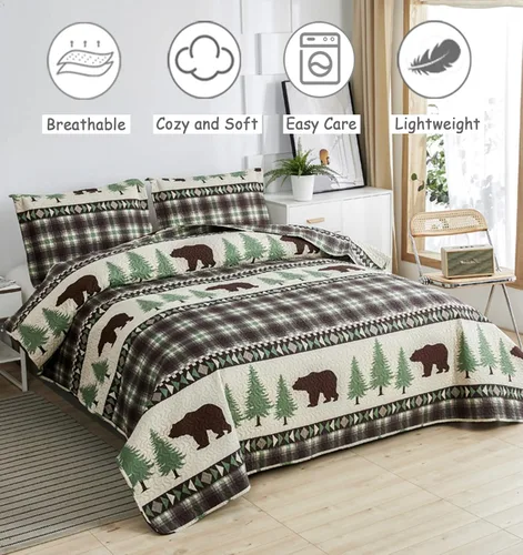 Miniatura 3 de Juego de Edredones Lodge Tamaño King, 3 Piezas Ropa de Cama Rústica de Cabaña con Oso Pardo y Árboles de Pino Verde Colcha Cubrecama Ligero Suave