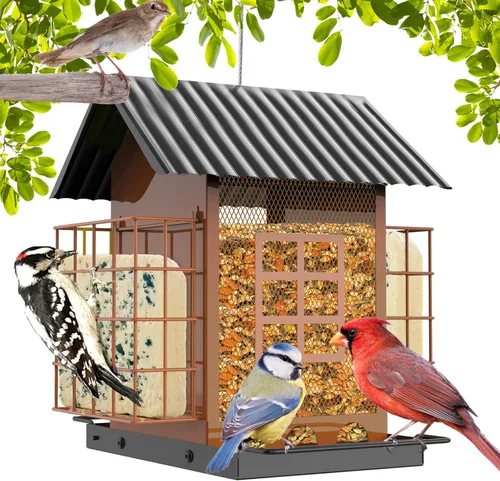 Miniatura 11 de FlowaFoli Comederos para pájaros para colgar al aire libre, comedero de metal para pájaros con doble jaula de sebo para pasteles, gran capacidad