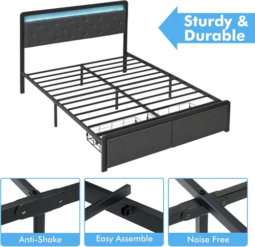 Miniatura 7 de Base de cama Queen con 2 cajones de almacenamiento, cabecera capitonada con botones y luces LED, cama de plataforma tapizada con almacenamiento