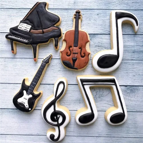 Miniatura 2 de LILIAO Juego de 6 cortadores de galletas musicales, para violín, piano, guitarra eléctrica, nota musical, clave G y octava nota para fondant, acero