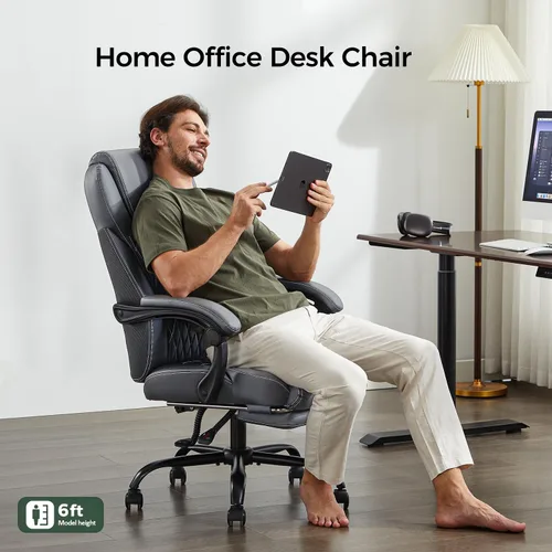 Miniatura 6 de amseatec Silla de oficina grande y alta con reposapiés, silla ergonómica de cuero con respaldo alto, bloqueo infinito reclinable de 90° a 135°, 20