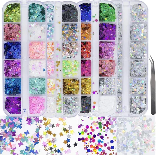Miniatura 14 de AddFavor Kit de 4 cajas de lentejuelas con purpurina para uñas, formas mixtas, mariposa holográfica, flor, corazón redondo, copos de arte de uñas