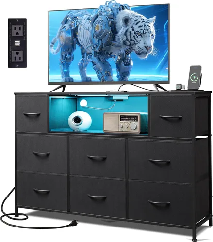 Miniatura 11 de Soporte de TV negro para TV de 45, 50, 55 pulgadas, mesa consola multimedia de TV con luces LED y estación de carga, centro de entretenimiento con 8