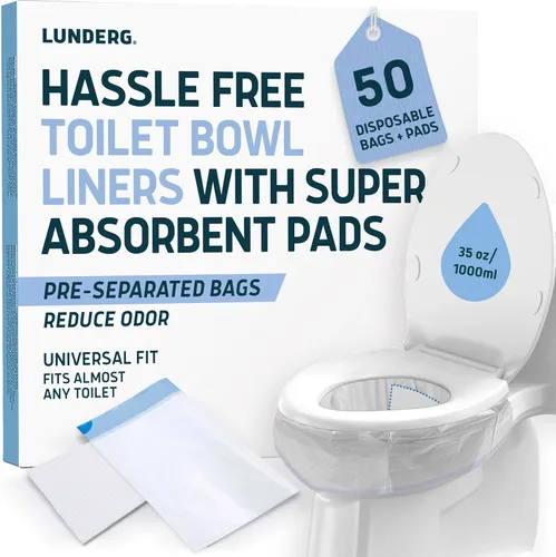 Lunderg Bolsas de inodoro con almohadillas superabsorbentes, paquete económico de 50 unidades, ajuste universal, bolsas de inodoro desechables para