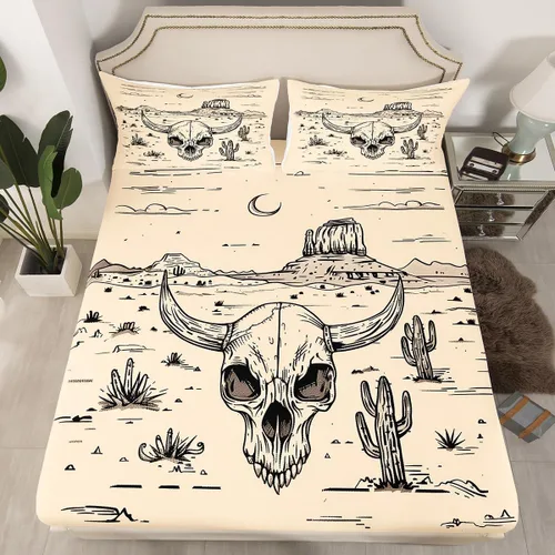 Miniatura 3 de jejeloiu Cow Skull Bed Sheets Set Twin Size Kids Longhorn Skull 3 Pieces Sheet with 16 Inch Deep Pockets for Boys Girls Teens Western Desert Bedding