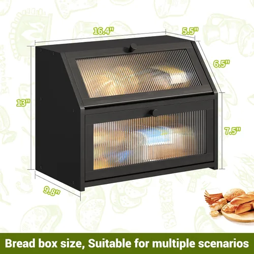 Miniatura 7 de BMOSU Panera grande de doble capa para encimera de cocina, almacenamiento de madera de bambú (negro)