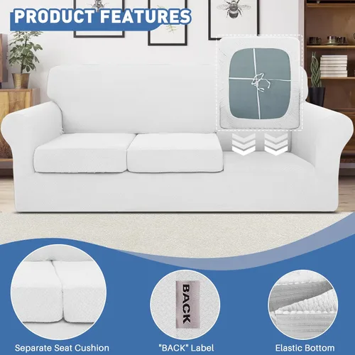 Miniatura 4 de Jiviner Fundas para sofá, 4 fundas elásticas para el sofá de 3 cuerpos, con 3 fundas para cojín, gruesas y ajustables, protector de muebles