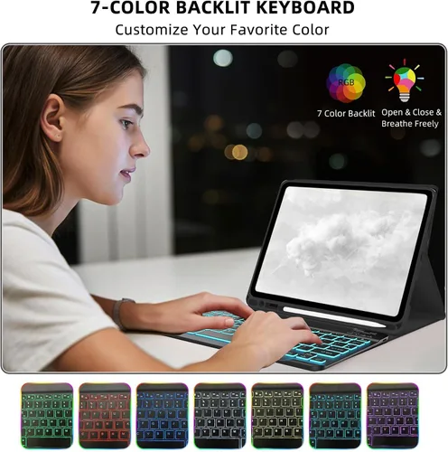 Miniatura 5 de Funda de teclado para Samsung Galaxy Tab A8 10.5 pulgadas - 7 colores retroiluminados cubierta de teclado y mouse (negro)