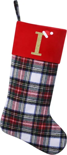 Miniatura 24 de Calcetines de Navidad personalizados con monograma inicial, adornos colgantes, medias clásicas de cuadros negros de 19 pulgadas, decoraciones