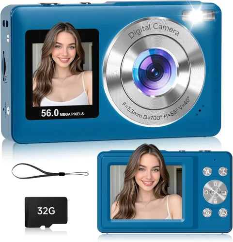 Cámara digital, cámara de enfoque automático de doble pantalla de 56 MP, cámara de punto de zoom 16X y disparo para fotografía, antivibración, Azul
