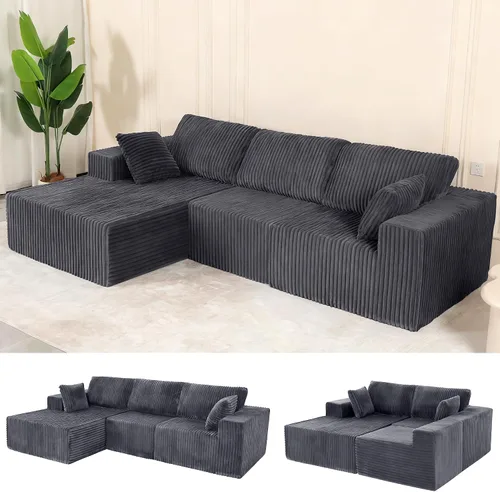 Miniatura 29 de Sofá seccional sin costuras de 108" en forma de L para sala de estar, cómodo sofá de corduroy con chaise, amplios reposabrazos, asiento profundo