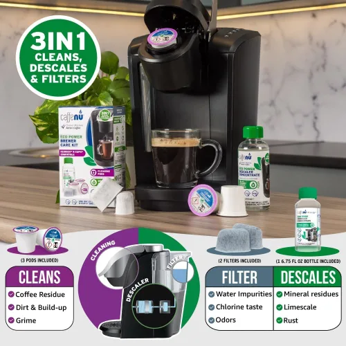 Miniatura 5 de Caffenu Kit de limpiador y descalcificador compatible con Keurig. Solución de descalcificación de 2 usos, 3 cápsulas de limpieza y 2 filtros
