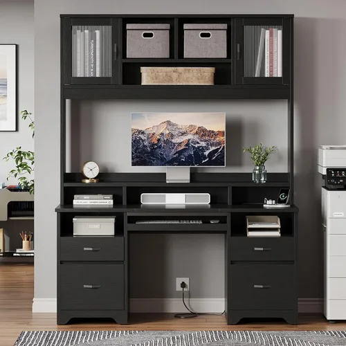 Miniatura 6 de Bestier Escritorio Ejecutivo de 77.8" de Alto con Estante Superior, Escritorio Moderno de Madera para Computadora con Cajones, Estación de Carga