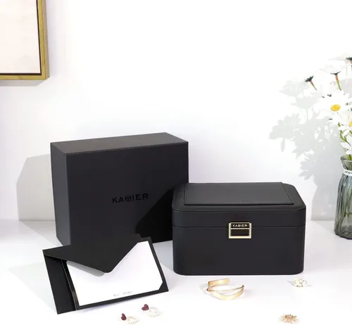 Miniatura 5 de KAMIER Joyero, organizador de joyas de 2 capas para aretes, pulseras, anillos, collares, cuero de lujo y forro de terciopelo suave, caja de regalo