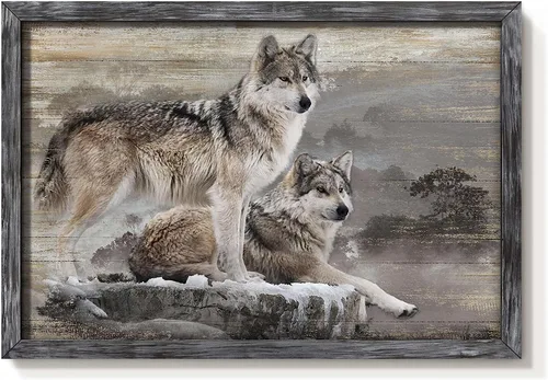Miniatura 17 de Arte de Pared Enmarcado de Lobo: Pintura Moderna de Animales Salvajes de Madera Rústica Natural Imagen de Vida Silvestre Obra de Arte de Lobo Gris