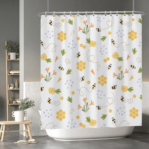 Miniatura 13 de Baocicoo - Cortina de ducha de abeja de miel, diseño de abeja de caricaturas, pista voladora, rústica, floral, para baño, decoración de bañera