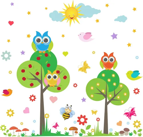 Miniatura 8 de Calcomanía de pared de animales para niños, diseño de flores, pájaros, mariposas, bricolaje, extraíble, despegar y pegar, decoración de árbol verde