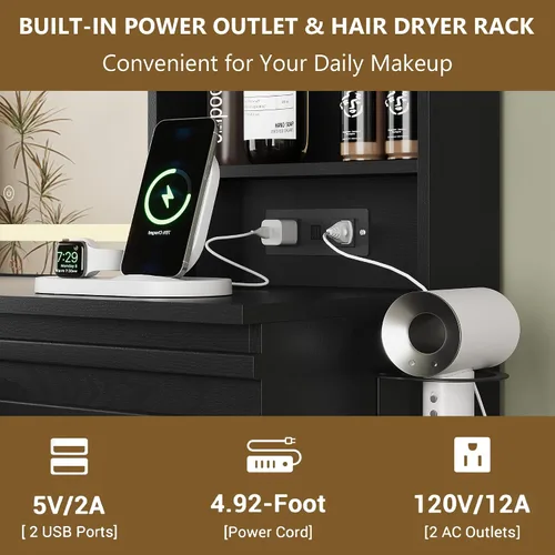 Miniatura 5 de Makeup Vanity Desk with Lights, Fluted Vanity with 4 Drawers, Open Shelves, Power Outlet, LED Lighted Mirror, 3 Lighting Modes & Brightness