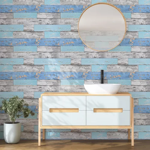 Miniatura 7 de Caltero Papel tapiz de tablones de madera de 17.71 pulgadas × 98.4 pies, papel tapiz de madera envejecida azul para despegar y pegar, papel tapiz