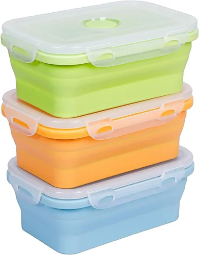 KIGI Paquete de 3: recipientes plegables de silicona para almacenamiento de alimentos de 18.3 onzas con tapas, recipientes para preparación de