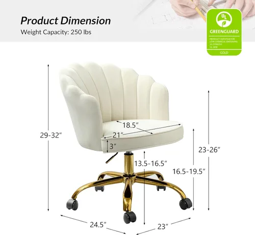 Miniatura 2 de HULALA HOME Silla de escritorio de terciopelo para oficina en casa con base dorada, silla giratoria ajustable para tocador, diseño moderno y bonito
