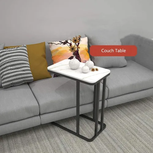 Miniatura 3 de Mesa auxiliar auxiliar en forma de C, mesa auxiliar para sofá nórdico, mesa de centro de piedra sinterizada y base de metal, elegante para Blanco