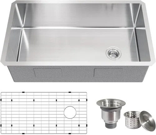 Miniatura 8 de Fregadero de cocina de 32 pulgadas para montar bajo encimera, acero inoxidable calibre 18, lavabo profundo grande con rejilla y colador