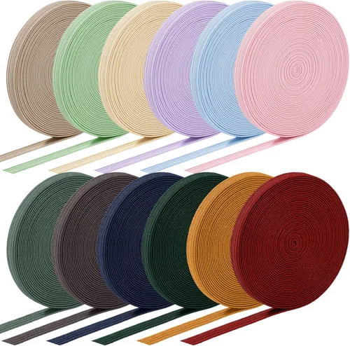Miniatura 4 de WILLBOND 12 rollos de banda elástica colorida plegable, cordón elástico resistente, banda plana tejida para costura, manualidades, DIY, puños