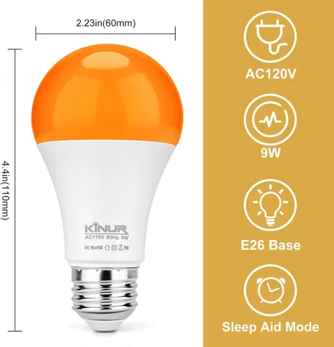 Miniatura 3 de KINUR Bombillas LED ámbar, A19 9 W (equivalente a 60 W) 1800 K E26 A19 bombillas suaves ámbar luz cálida para dormitorio, sueño saludable, luz
