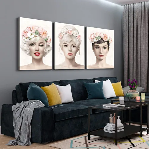 Miniatura 3 de Denozer Arte de pared en lienzo de 3 paneles con retrato de belleza de Marilyn Monroe, Audrey Hepburn y Brigitte Bardot, impresiones de cuadros