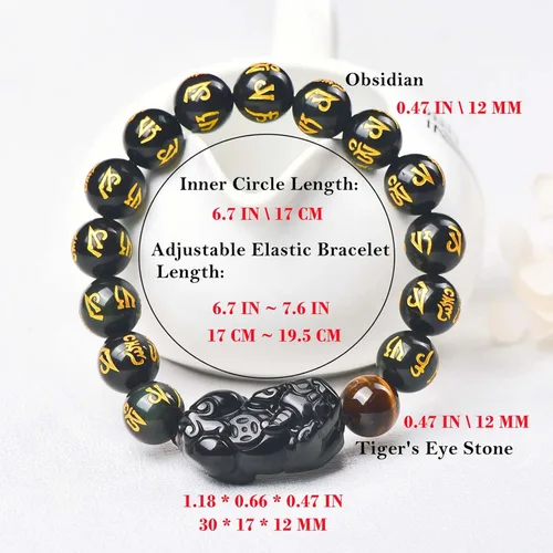 Miniatura 44 de Pulsera de obsidiana negra, pulsera de obsidiana negra Feng Shui para mujeres y hombres, pulsera elástica de obsidiana con piedra de ojo de tigre