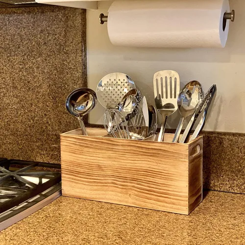 Miniatura 8 de Organizador de utensilios de madera para mostrador, organizador grande de utensilios de madera para encimera, almacenamiento de herramientas