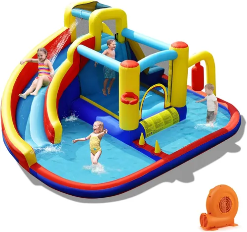 Miniatura 10 de BOUNTECH Tobogán acuático inflable, castillo de salto de parque acuático 6 en 1 para niños con 2 piscinas de salpicaduras, boxeo, toboganes