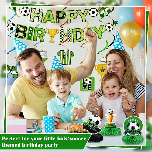 Miniatura 3 de Hanaive 16 piezas de decoración de fiesta de cumpleaños de fútbol, incluye pancarta de feliz cumpleaños, centros de mesa, recortes de papel