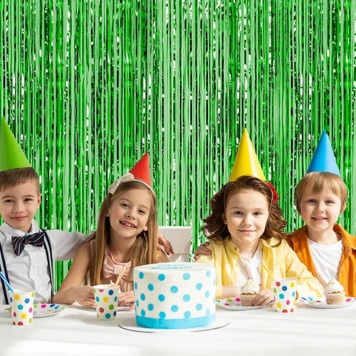 Miniatura 5 de CHRORINE 2 cortinas de flecos de oropel verde de 3 x 8.3 pies, telón de fondo para cumpleaños verde, selva, safari, fiesta tropical, decoración