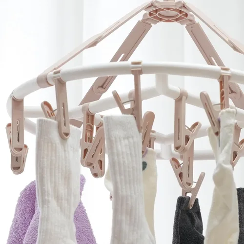 Miniatura 3 de Foshine Perchas de secado de ropa plegables de plástico con 20 clips de secado (círculo rosa claro)