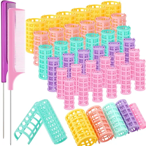 WILLBOND 36 rodillos de plástico para el cabello, 5 tamaños, rizadores de agarre automático, sin calor, con 2 peines de acero para peluquería corta