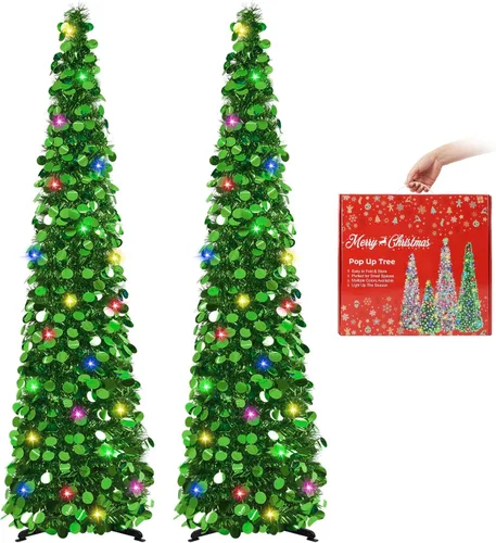Miniatura 12 de MACTING Árbol de Navidad desplegable con 50 luces LED con temporizador, 5 pies, árbol de lápiz de oropel plegable de fácil montaje, árbol artificial