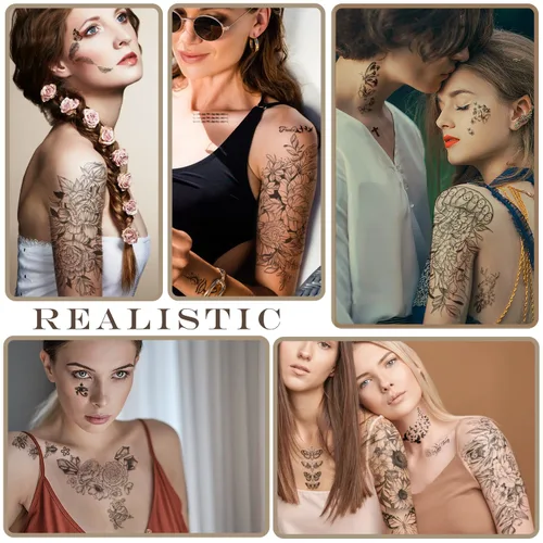 Miniatura 6 de Yazhiji 70 hojas de tatuajes temporales impermeables para niñas o niños, 10 hojas más grandes, mitad brazo, serpiente, girasol, peonía, tatuajes