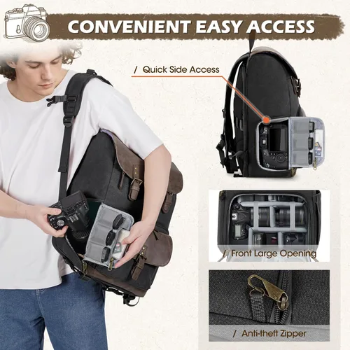 Miniatura 4 de RAINSMORE Bolsa profesional para cámara DSLR/SLR sin espejo, impermeable, 15.6 pulgadas, mochila de fotografía para laptop con acceso lateral, Negro