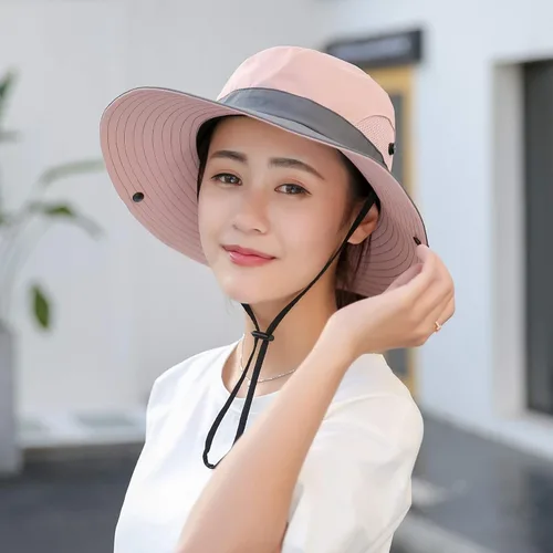 Miniatura 19 de Sombrero de sol de verano para mujer, cola de caballo – Protección UV de malla de ala ancha plegable con agujero para cola de caballo
