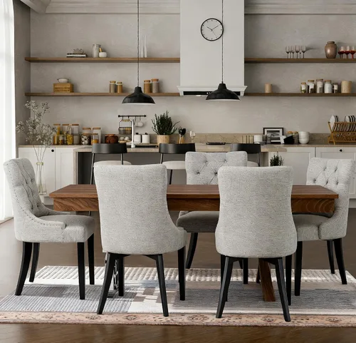 Miniatura 5 de Juego de 2 sillas de mesa grises para comedor, sillas auxiliares de cocina, modernas y elegantes sillas de tela con botones y ribete de cabeza